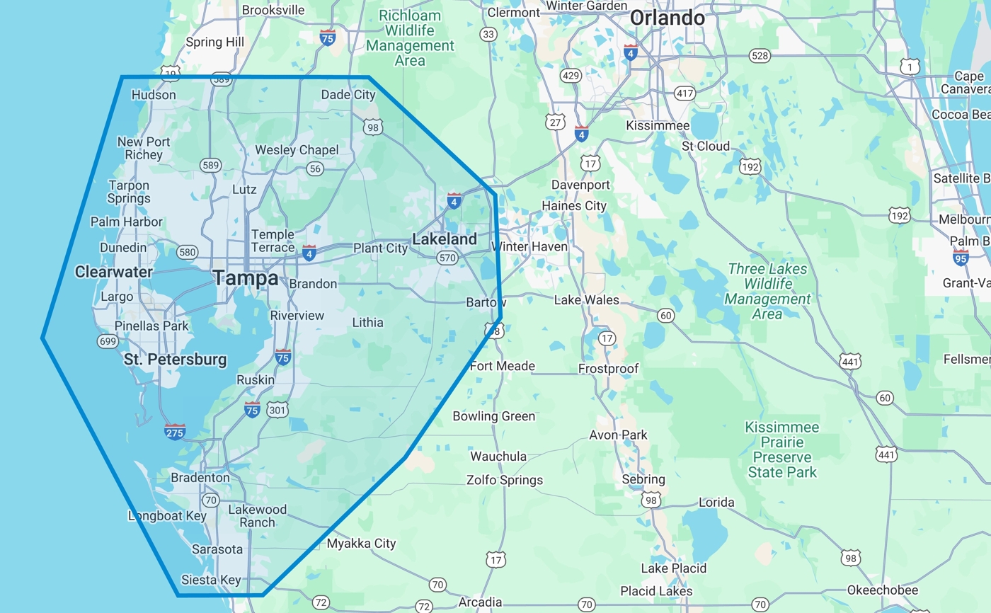 Our service area map includes the Greater Tampa Bay Area.